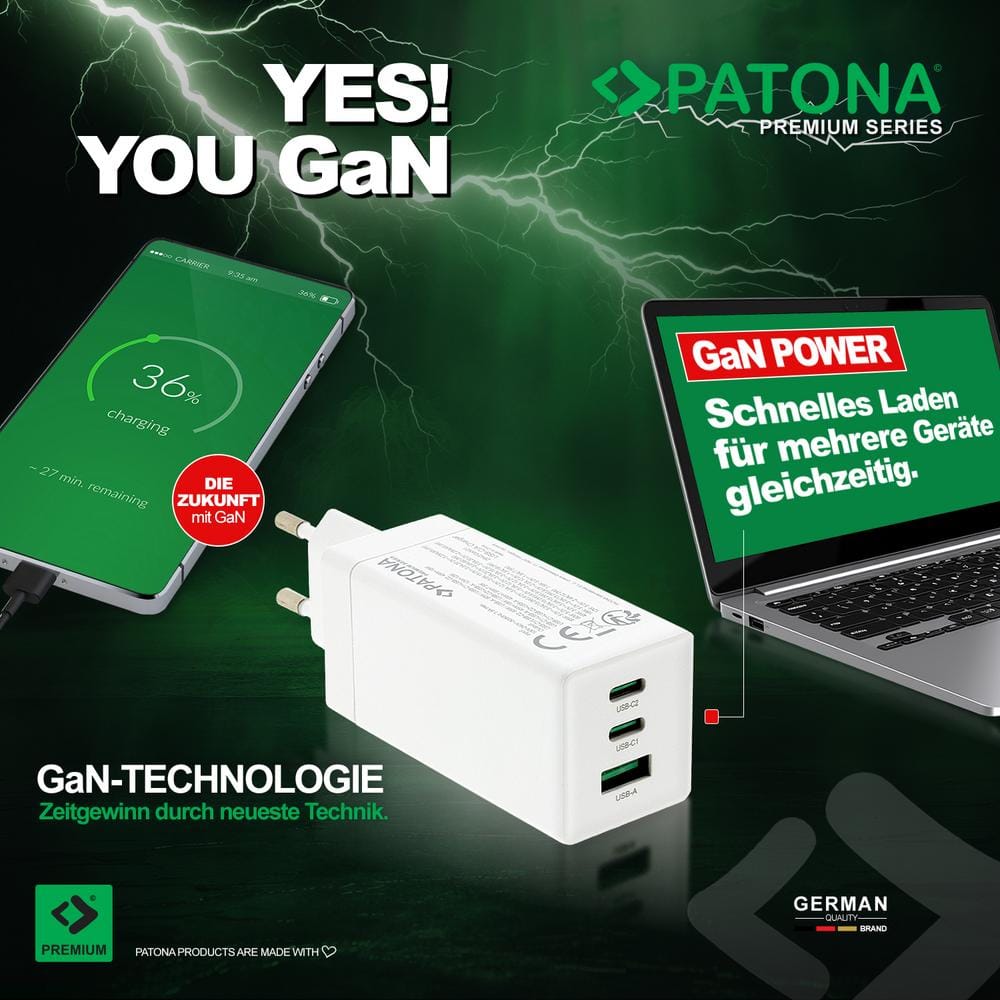 PATONA Premium GaN PD140W Adapter w Białym kolorze z 3 portami USB‑C i 1 portem USB‑A PD3.0 QC3.0