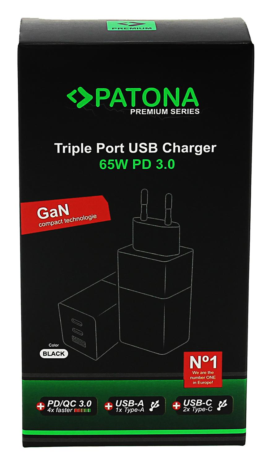 PATONA Premium GaN PD65W Adattatore nero 2 x USB‑C 1 x USB‑A PD3.0 QC3.0