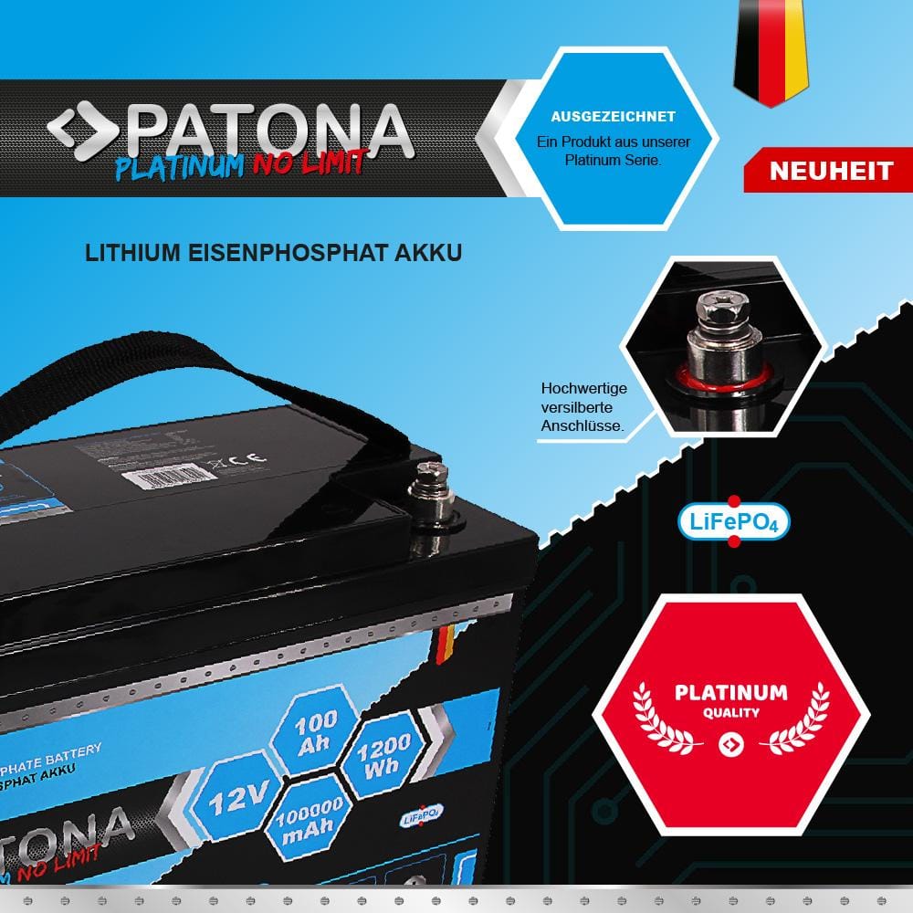 PATONA Platinum LiFePO4 Battery 12 V 100 Ah 1200 Wh for Caravan, Boats, Solar Systems and More
