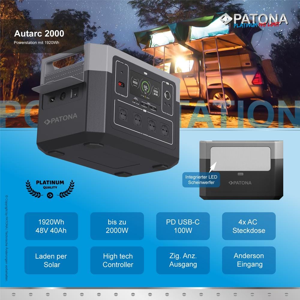 PATONA Platinum Powerstation Autarc 2000 2000W 1920Wh PD 100W USB 5V 3A DC 12V 10A DC5525