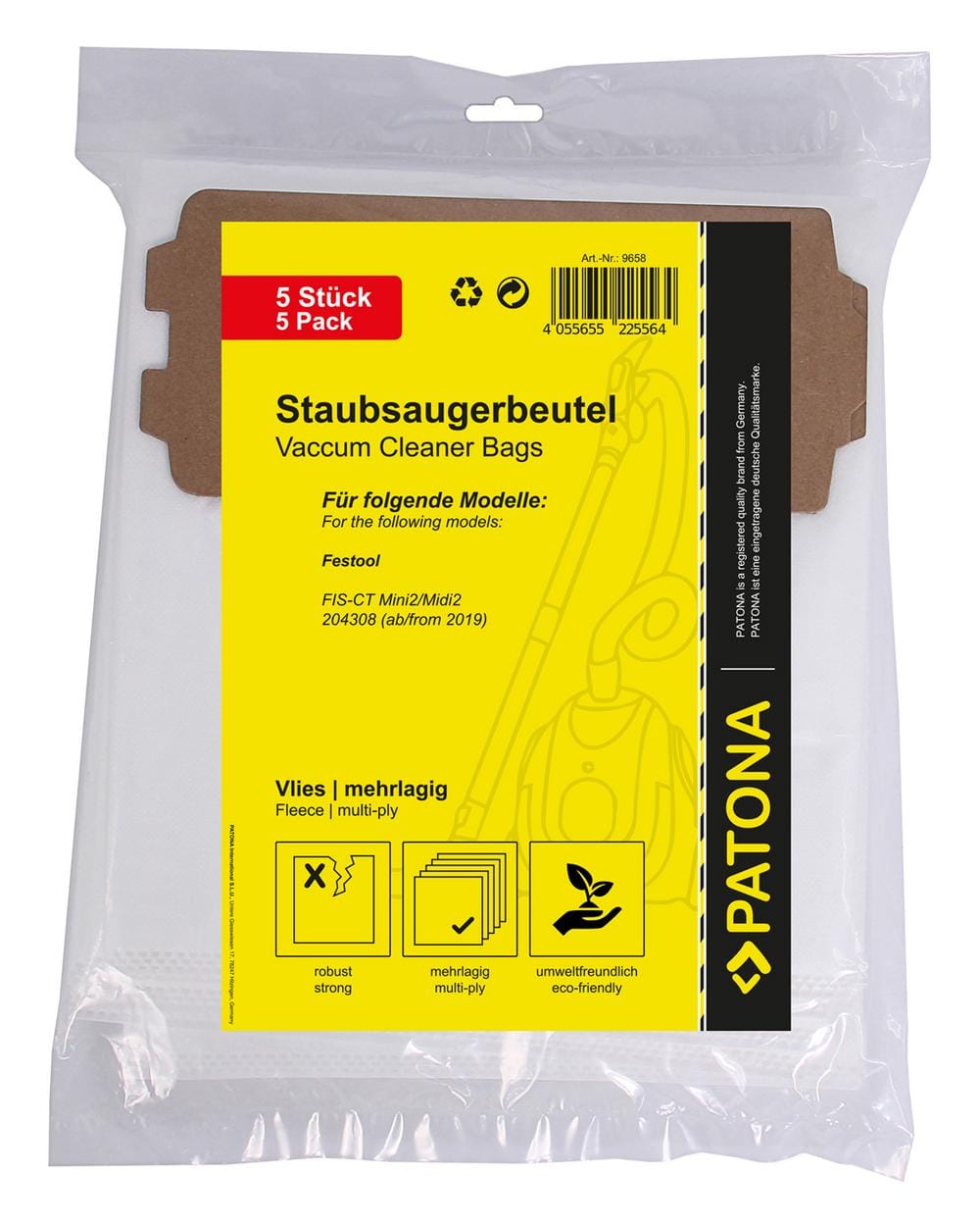 PATONA 5 sacs d'aspirateur en feutre multicouche avec microfiltre pour Festool FIS-CT Mini2 Midi2 204308