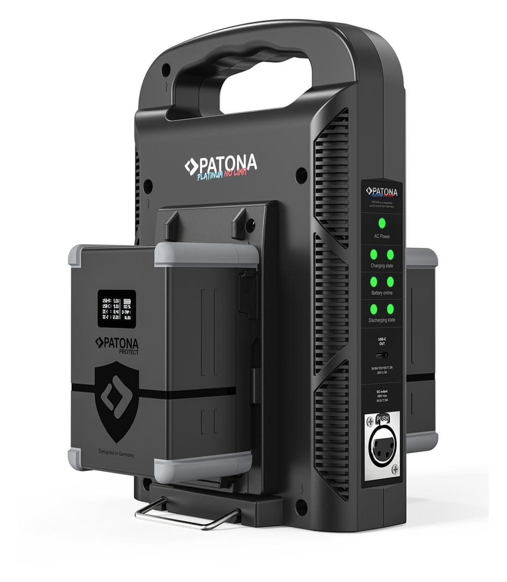 PATONA Platinum Chargeur 2 Canaux pour Batteries V‑Mount 6A×2 USB‑C PD100W incl. câble XLR 4 broches PATONA Platinum Chargeur 2 Canaux pour Batteries V‑Mount 6A×2 USB‑C PD100W incl. câble XLR 4 broches