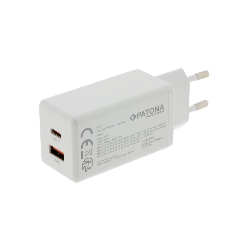 PATONA Premium GaN PD65W Adapter White 1x USB‑C 1x USB‑A PD3.0 QC3.0 PATONA Premium GaN PD65W Adapter White 1x USB‑C 1x USB‑A PD3.0 QC3.0