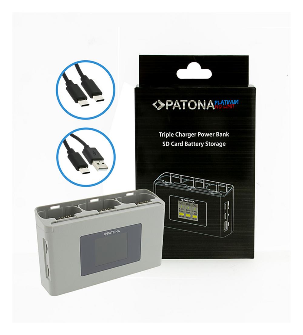 Caricatore Triplo Platinum PATONA BC-JMI2B per DJI Mini 2 Mavic Mini con Powerbank e vano per schede di memoria