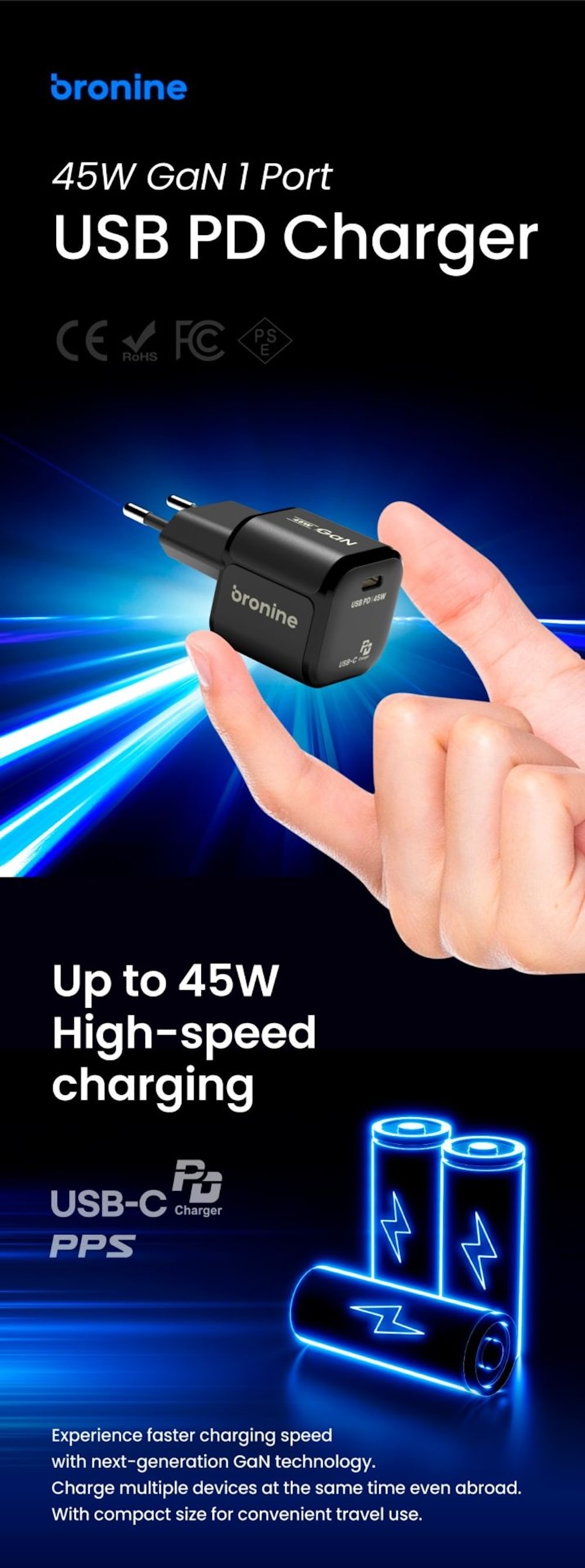 Ładowarka Bronine 1-portowa USB-C 45W GaN PD dla UE Ładowarka Bronine 1-portowa USB-C 45W GaN PD dla UE