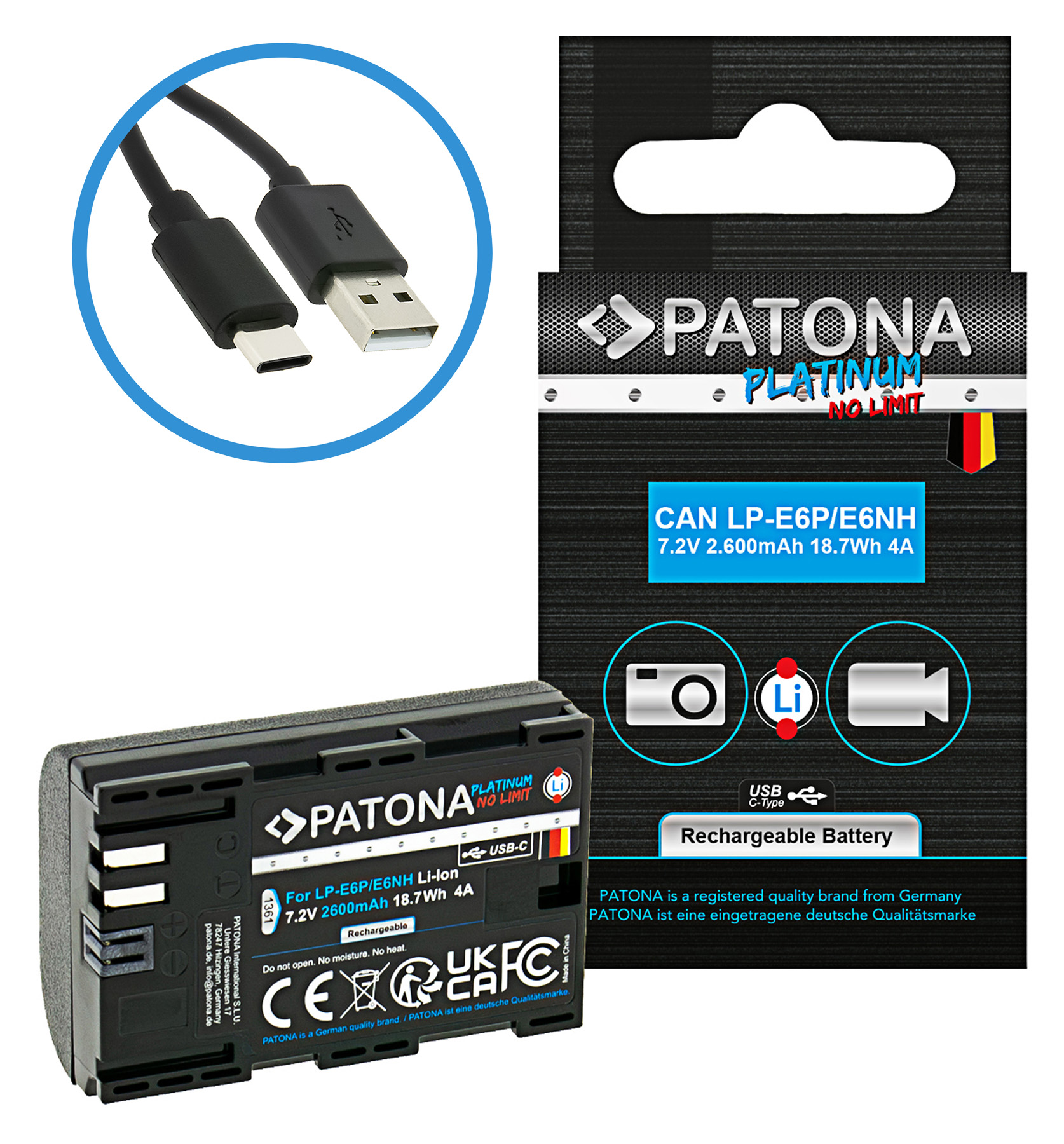 PATONA Platinum Batteria con Input USB‑C per Canon EOS R5 Mark II LP‑E6P LP‑E6NH LP‑E6N LP‑E6 PATONA Platinum Batteria con Input USB‑C per Canon EOS R5 Mark II LP‑E6P LP‑E6NH LP‑E6N LP‑E6