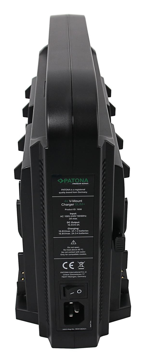 PATONA Parallel 4‑Slot Slim Charger – Compact for Sony Red DSLR V‑Mount Batteries with Power Supply Function