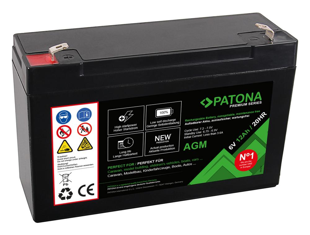 PATONA Premium AGM Lead‑Acid Battery 6 V 12 Ah 20 HR for Caravan, Model Building, Children's Vehicles, Boats and More PATONA Premium AGM Lead‑Acid Battery 6 V 12 Ah 20 HR for Caravan, Model Building, Children's Vehicles, Boats and More
