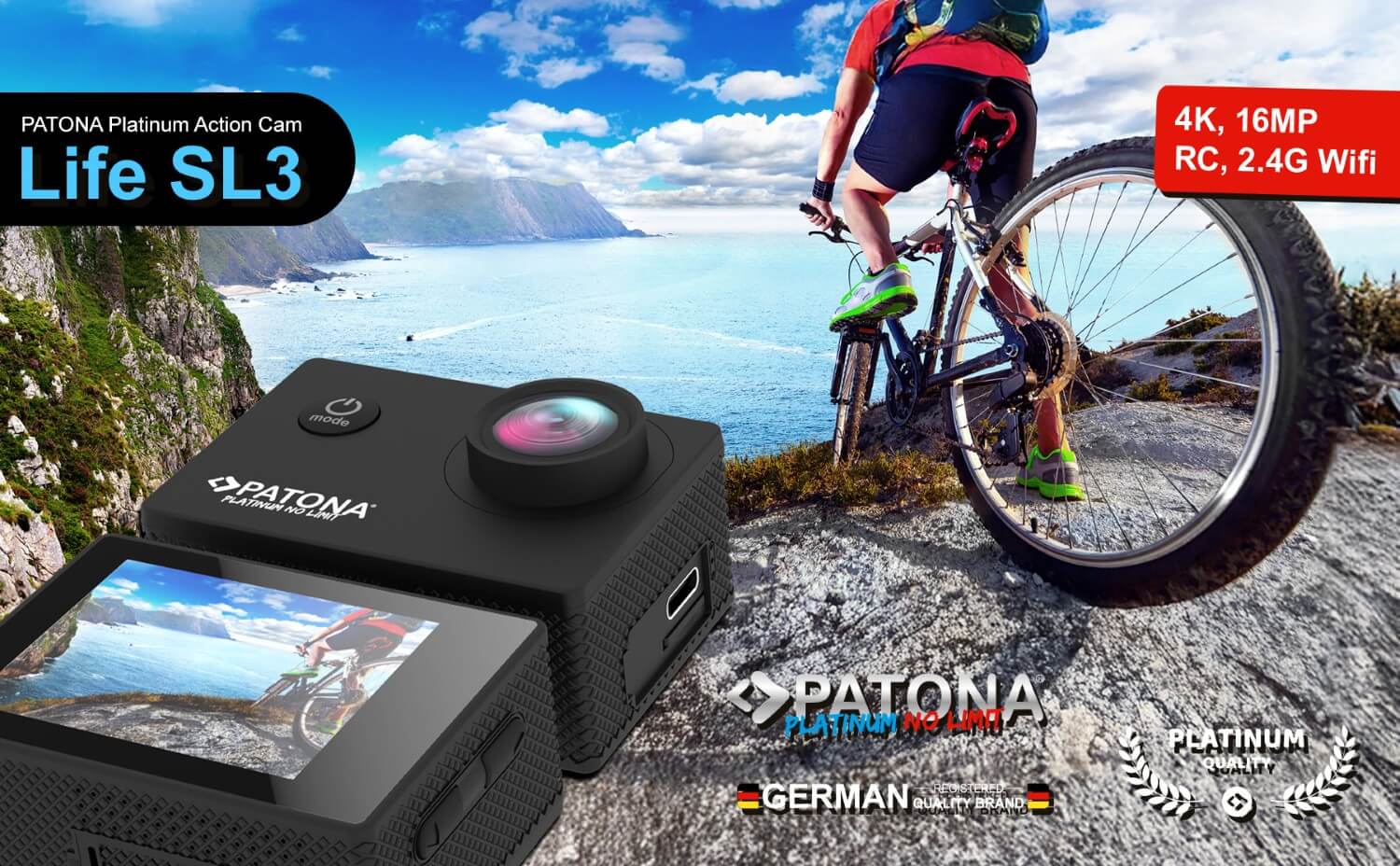 PATONA Platinum Action Cam Life SL3 4K 120fps 16mp 120° 4G+IR RC Wifi APP wiele akcesoriów PATONA Platinum Action Cam Life SL3 4K 120fps 16mp 120° 4G+IR RC Wifi APP wiele akcesoriów