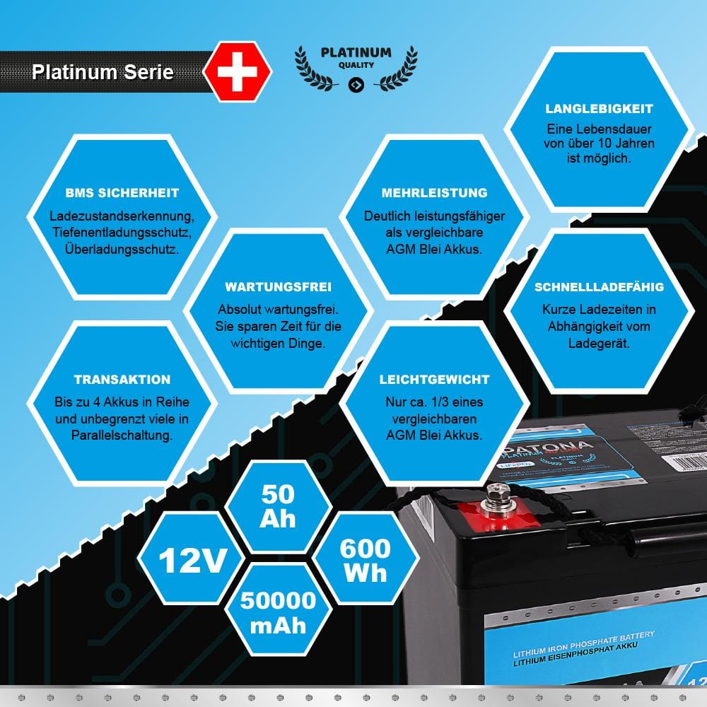 PATONA Platinum LiFePO4 12V 50Ah 600Wh 50,000mAh Battery for Caravans, Boats, Solar Systems, Forklifts and Electric Vehicles PATONA Platinum LiFePO4 12V 50Ah 600Wh 50,000mAh Battery for Caravans, Boats, Solar Systems, Forklifts and Electric Vehicles