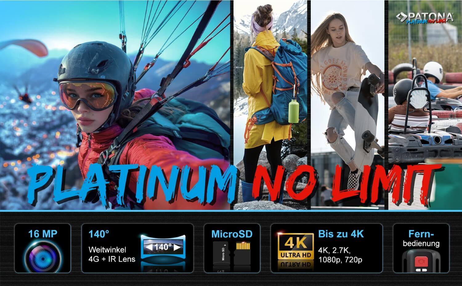 PATONA Platinum Action Cam Life SL3 4K 120fps 16mp 120° 4G+IR RC Wifi APP wiele akcesoriów PATONA Platinum Action Cam Life SL3 4K 120fps 16mp 120° 4G+IR RC Wifi APP wiele akcesoriów