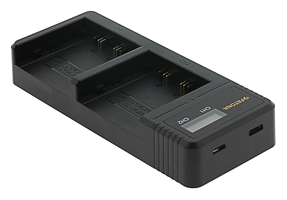 PATONA Carregador USB Dual com LCD para JVC BN-VC296G BN-VC298G GY-HC500 HY-HC550 incl. cabo USB‑C PATONA Carregador USB Dual com LCD para JVC BN-VC296G BN-VC298G GY-HC500 HY-HC550 incl. cabo USB‑C