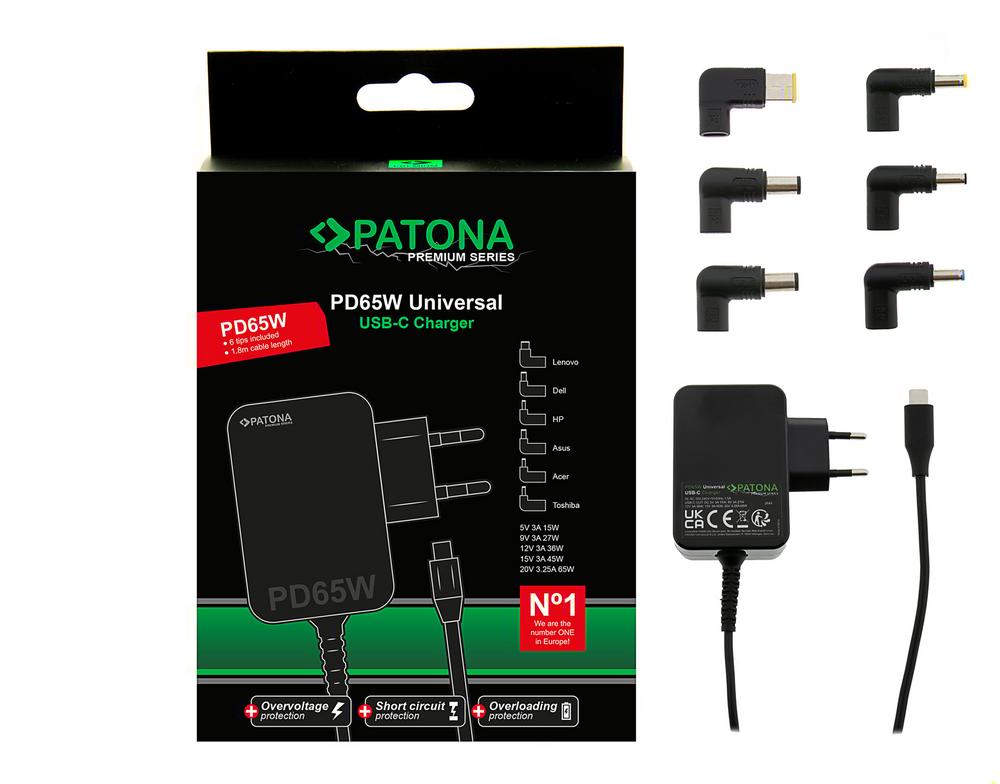 PATONA Premium PD65W Alimentatore 5V 3A 9V 3A 12V 3A 15V 3A 20V 3,25A USB‑C per Asus, Lenovo, Dell ecc.