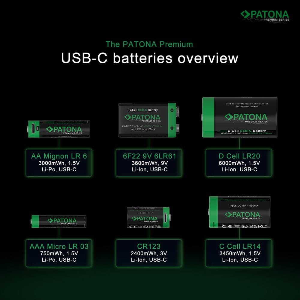 PATONA Premium CR123A USB‑C Batteries 2400 mWh 3.0 V for Cameras, Remote Controls, Microphones, Toys, Flashlights – 4 pcs with USB‑C to Dual‑USB‑C Cable