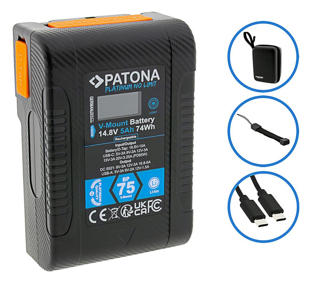 PATONA Platinum Batterie V‑Mount BP‑75W PD65 74 Wh USB‑C USB‑A 2 x D‑Tap sortie DC incl. Hardcase