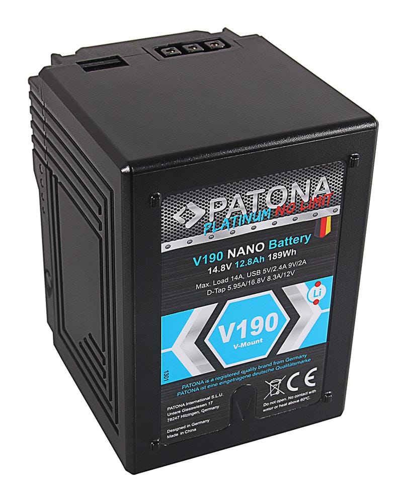 PATONA Platinum NANO V190 V‑Mount 189 Wh for Sony DSR‑600P, DSR‑650P, DSR‑652P, HDW‑800P, PDW‑850, BP‑150w, RED, ARRI