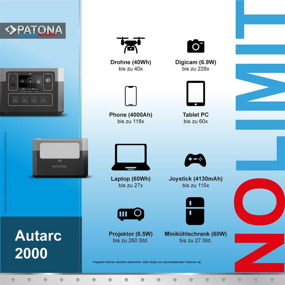 PATONA Platinum Powerstation Autarc 2000 2000W 1920Wh PD 100W USB 5V 3A DC 12V 10A DC5525 PATONA Platinum Powerstation Autarc 2000 2000W 1920Wh PD 100W USB 5V 3A DC 12V 10A DC5525