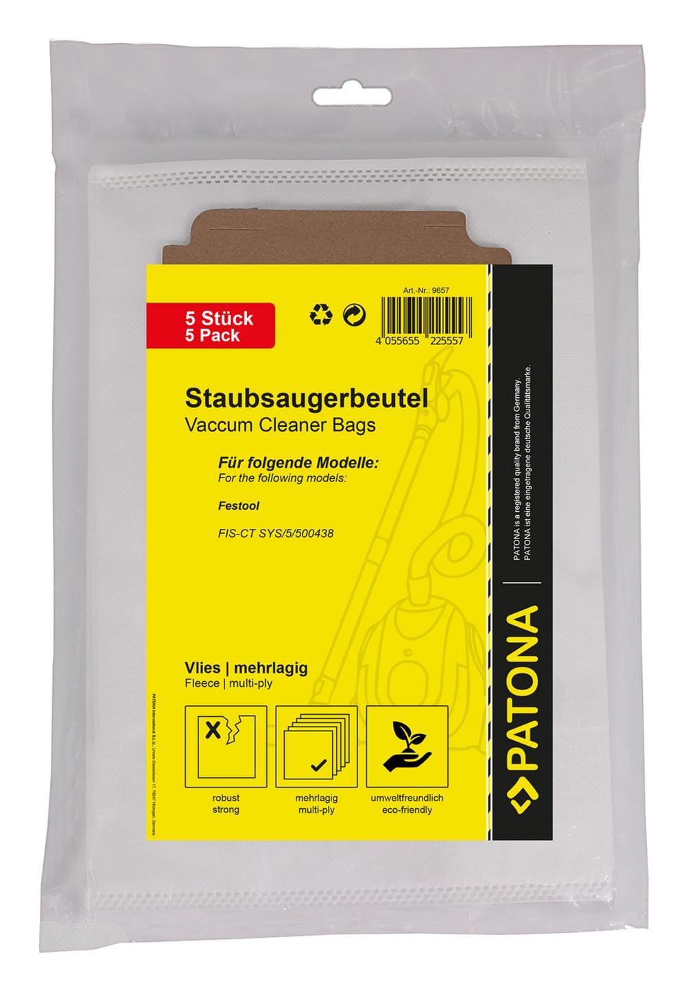 PATONA 5 sacs d'aspirateur multicouche feutre pour Festool CT26 SC FIS CT SYS 5 496187 500438