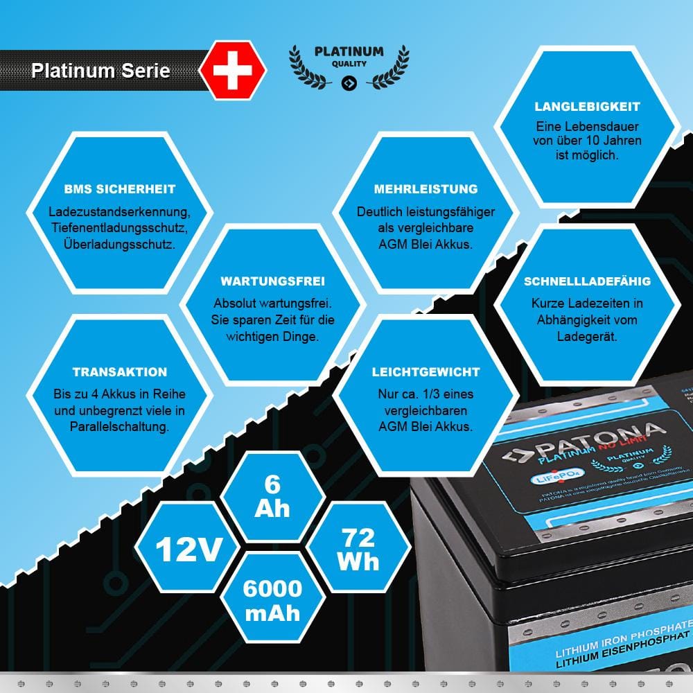 PATONA Platinum LiFePO4 Battery 12 V 6 Ah 72 Wh 6000 mAh