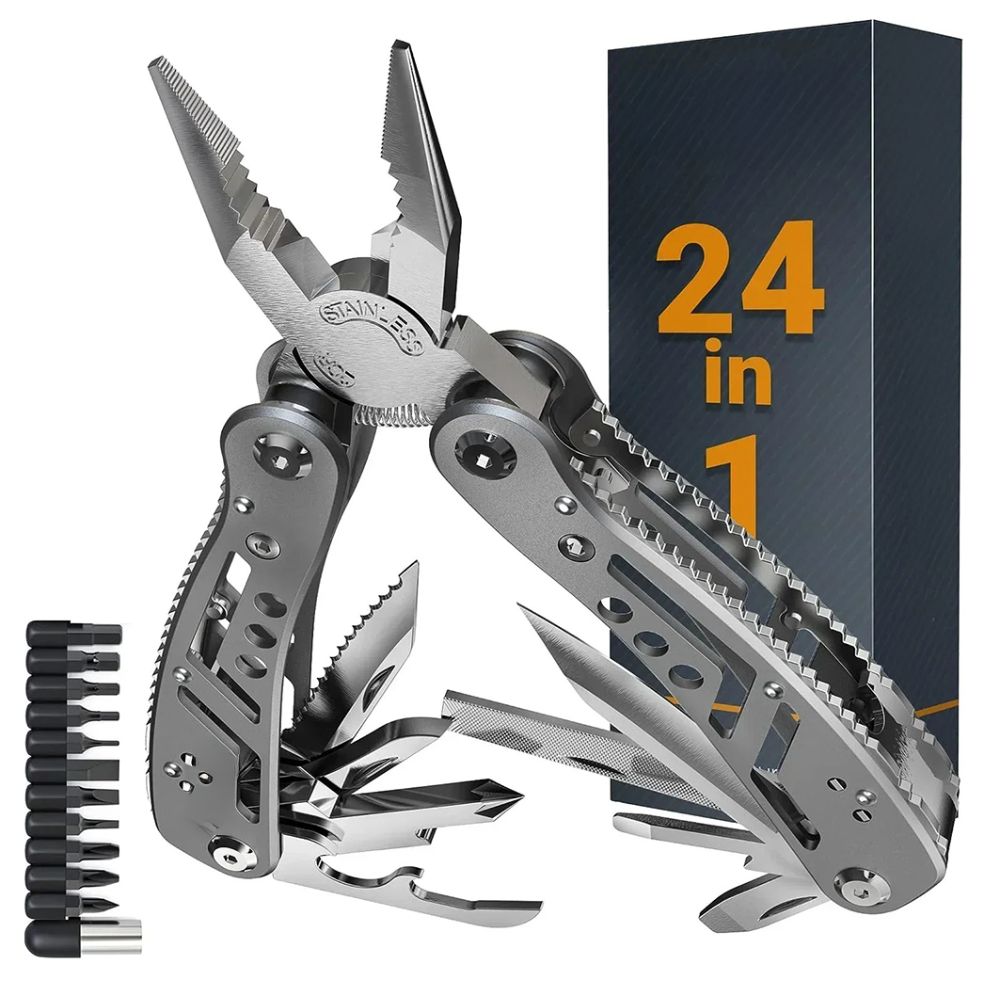 Multitool 24 in 1 - Compact multifunctional tool with pliers, knife, screwdriver & more - Ideal for photographers, outdoor & camping