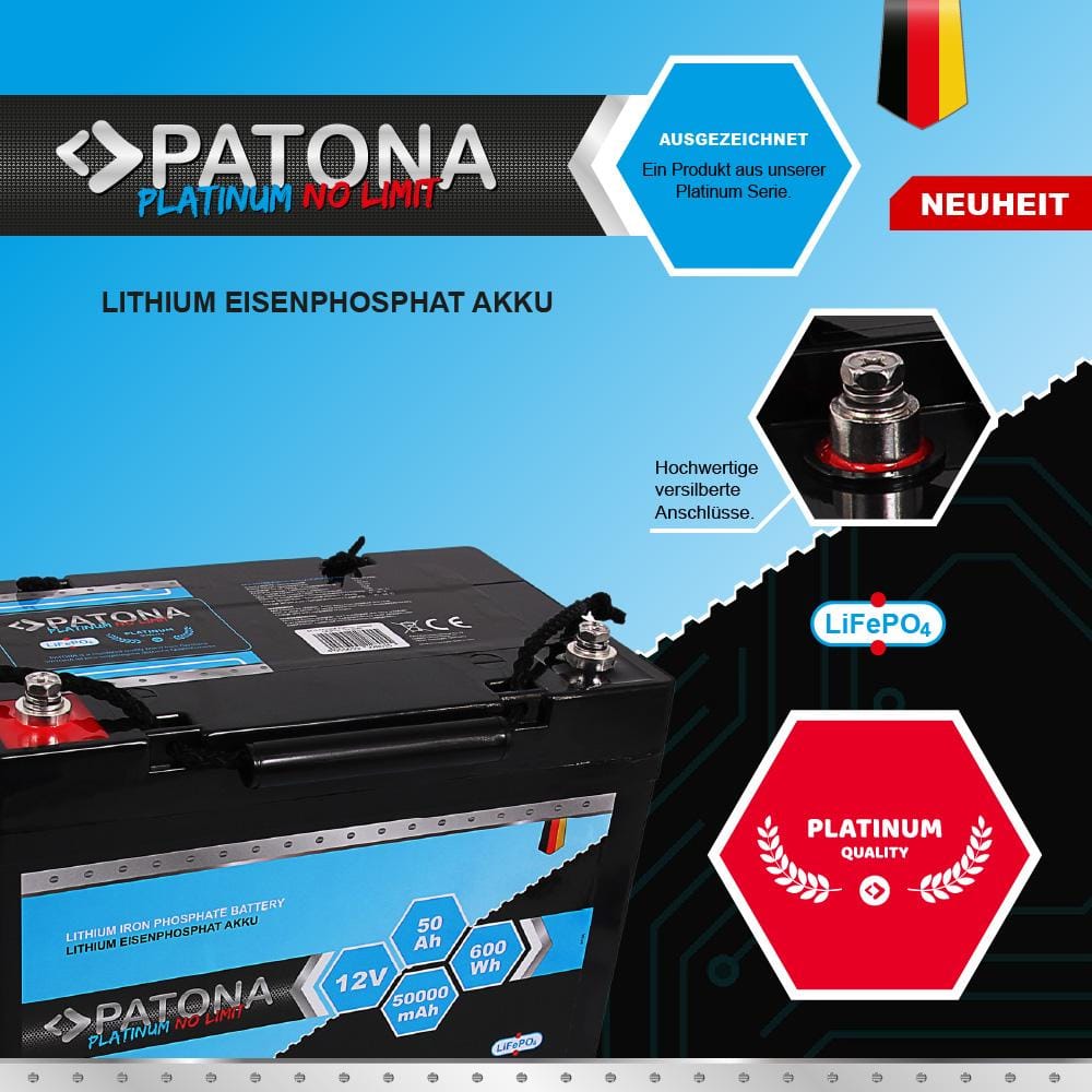 PATONA Platinum LiFePO4 12V 50Ah 600Wh 50,000mAh Battery for Caravans, Boats, Solar Systems, Forklifts and Electric Vehicles PATONA Platinum LiFePO4 12V 50Ah 600Wh 50,000mAh Battery for Caravans, Boats, Solar Systems, Forklifts and Electric Vehicles