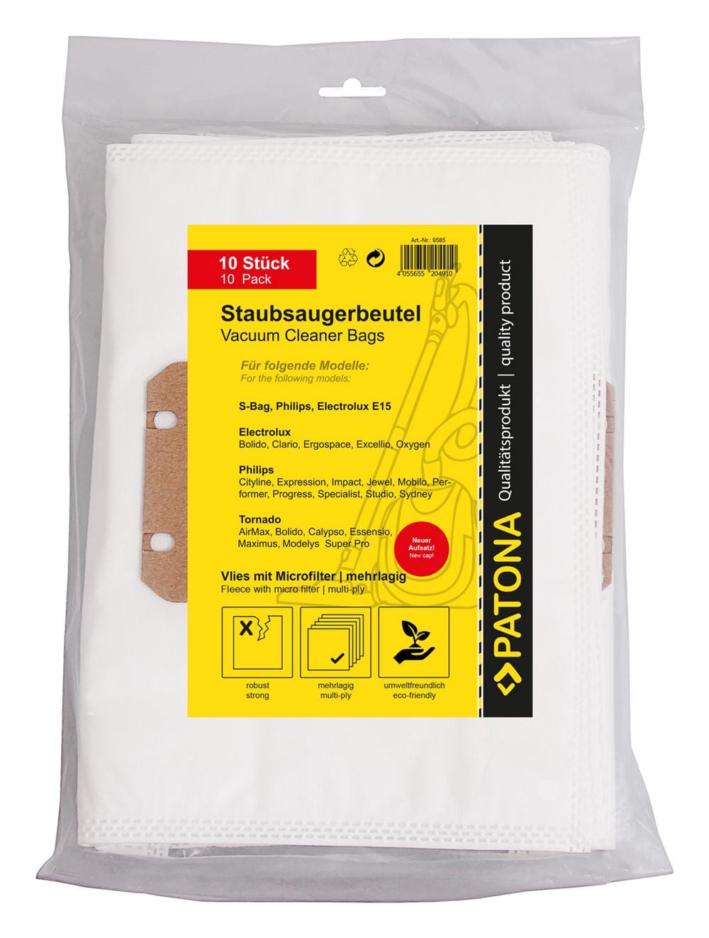 PATONA 10 sacos de aspirador de feltro multicamadas com microfiltro para Electrolux E15 com novo acessório