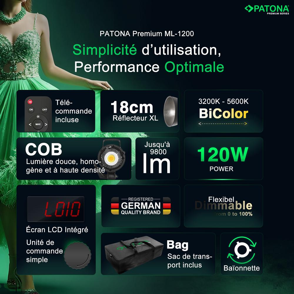 PATONA Premium COB LED Light ML-1200 120W Bi-Color for Photo and Video Production incl. Carrying Case