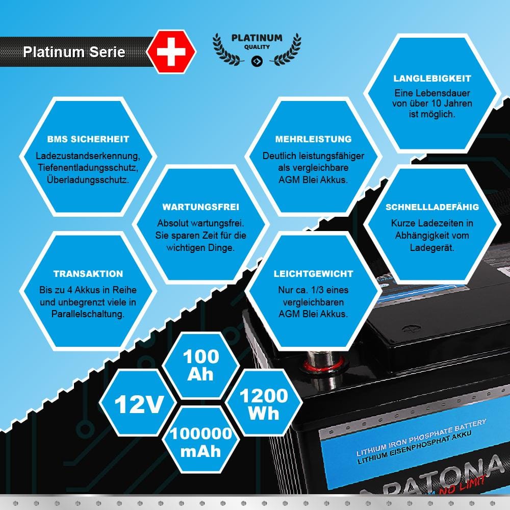 PATONA Platinum LiFePO4 Battery 12 V 100 Ah 1200 Wh for Caravan, Boats, Solar Systems and More PATONA Platinum LiFePO4 Battery 12 V 100 Ah 1200 Wh for Caravan, Boats, Solar Systems and More