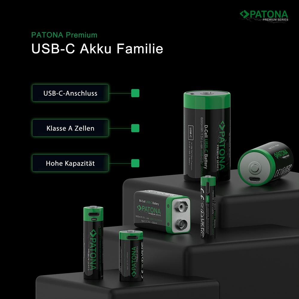 PATONA Premium USB-C 2‑x 9 V Blocchi Batteria 6F22 Litio 3600 mWh 1,5 V ricaricabili incl. cavo 1‑a‑2 USB‑C PATONA Premium USB-C 2‑x 9 V Blocchi Batteria 6F22 Litio 3600 mWh 1,5 V ricaricabili incl. cavo 1‑a‑2 USB‑C