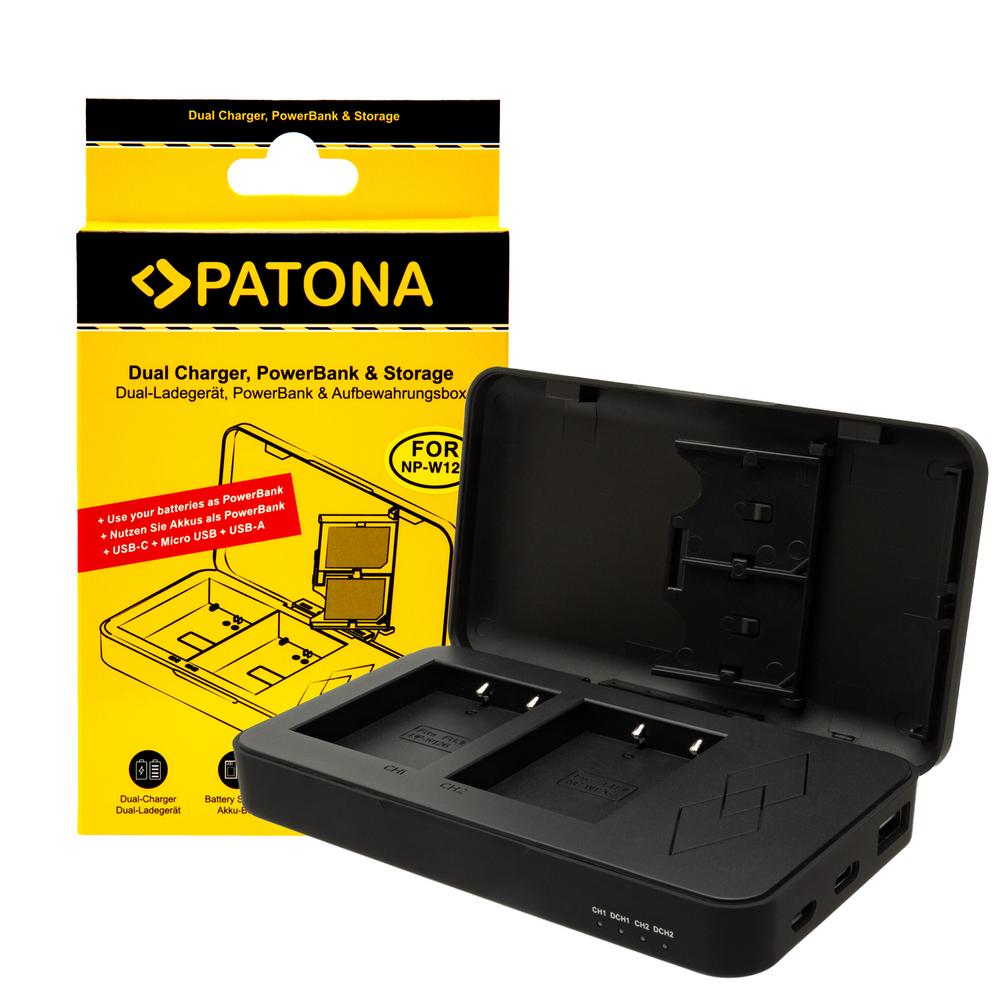 Ładowarka Dual PATONA dla Fuji NP-W126 FinePix z funkcją powerbanku i przechowywaniem kart pamięci