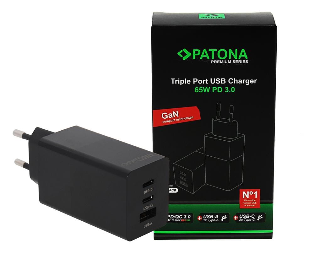 PATONA Premium GaN PD65W Adapter Black 2 x USB‑C 1 x USB‑A PD3.0 QC3.0 PATONA Premium GaN PD65W Adapter Black 2 x USB‑C 1 x USB‑A PD3.0 QC3.0