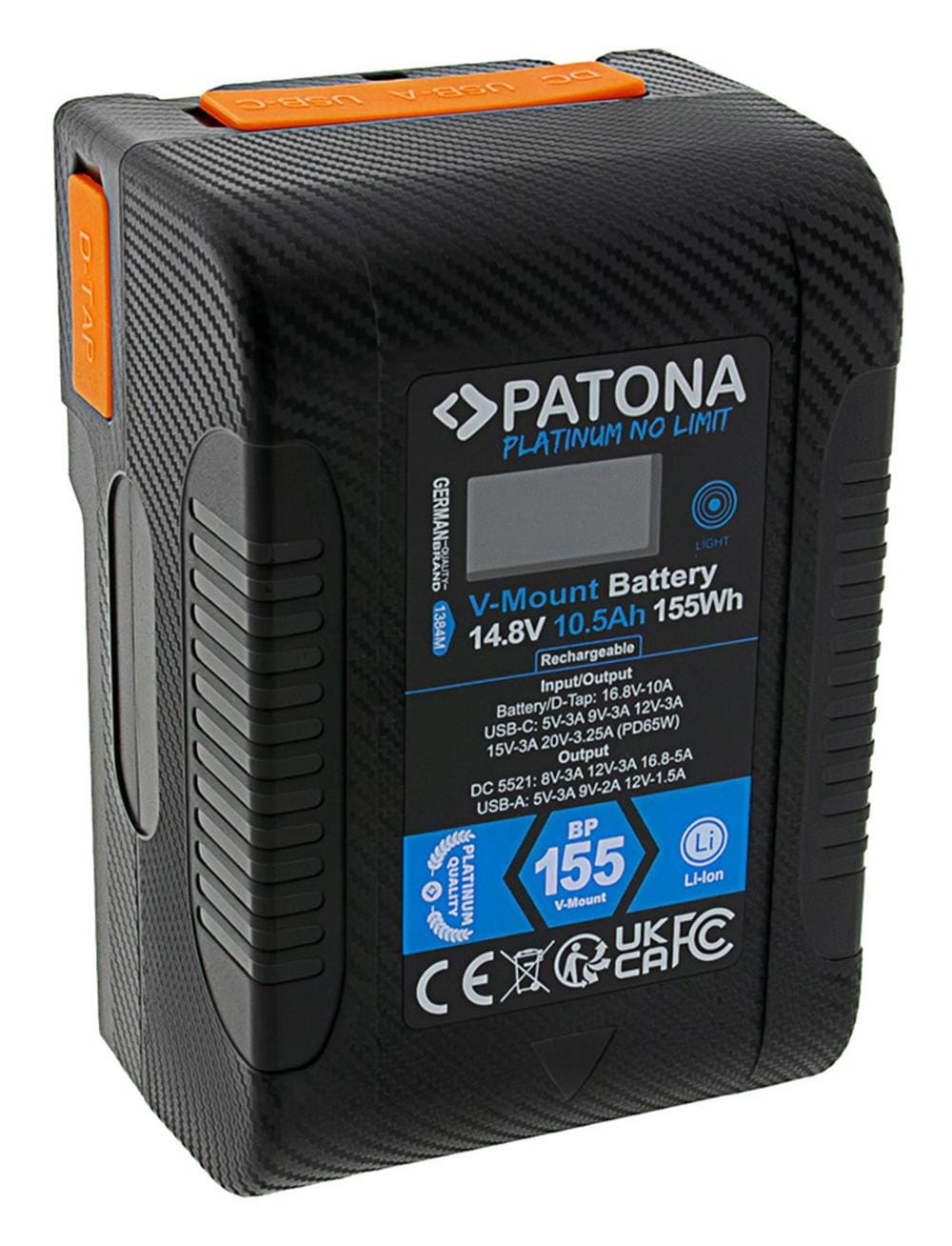 PATONA Platinum V-Mount Battery BP-155W PD65 155Wh USB-C USB-A 2×D-Tap DC-out with Hardcase for Professional Cameras, Monitors, Laptops and Smartphones