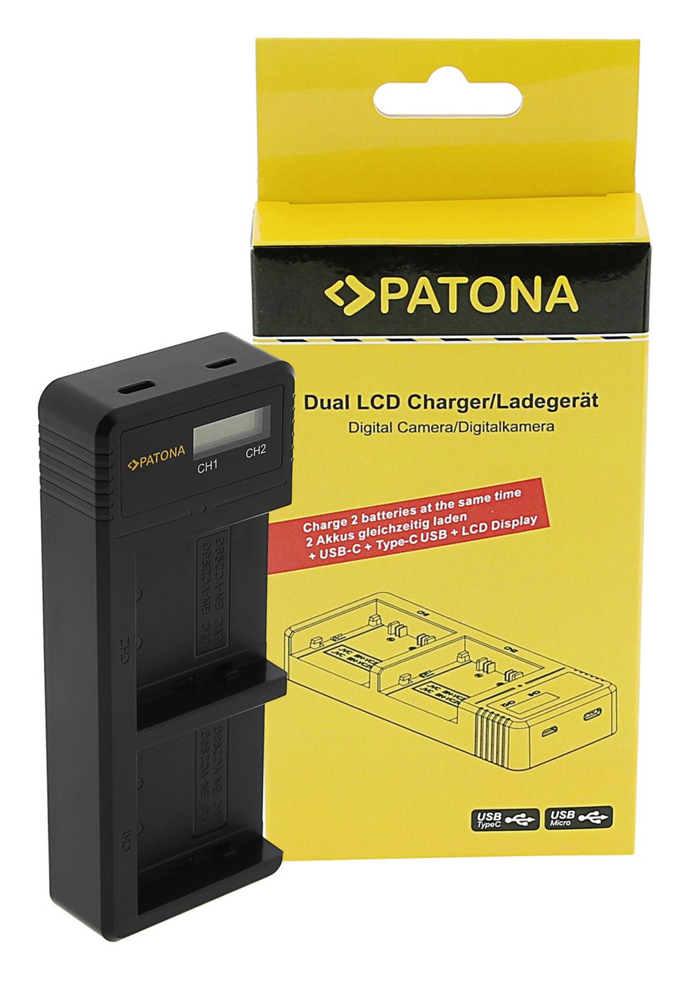 PATONA Carregador USB Dual com LCD para JVC BN-VC296G BN-VC298G GY-HC500 HY-HC550 incl. cabo USB‑C