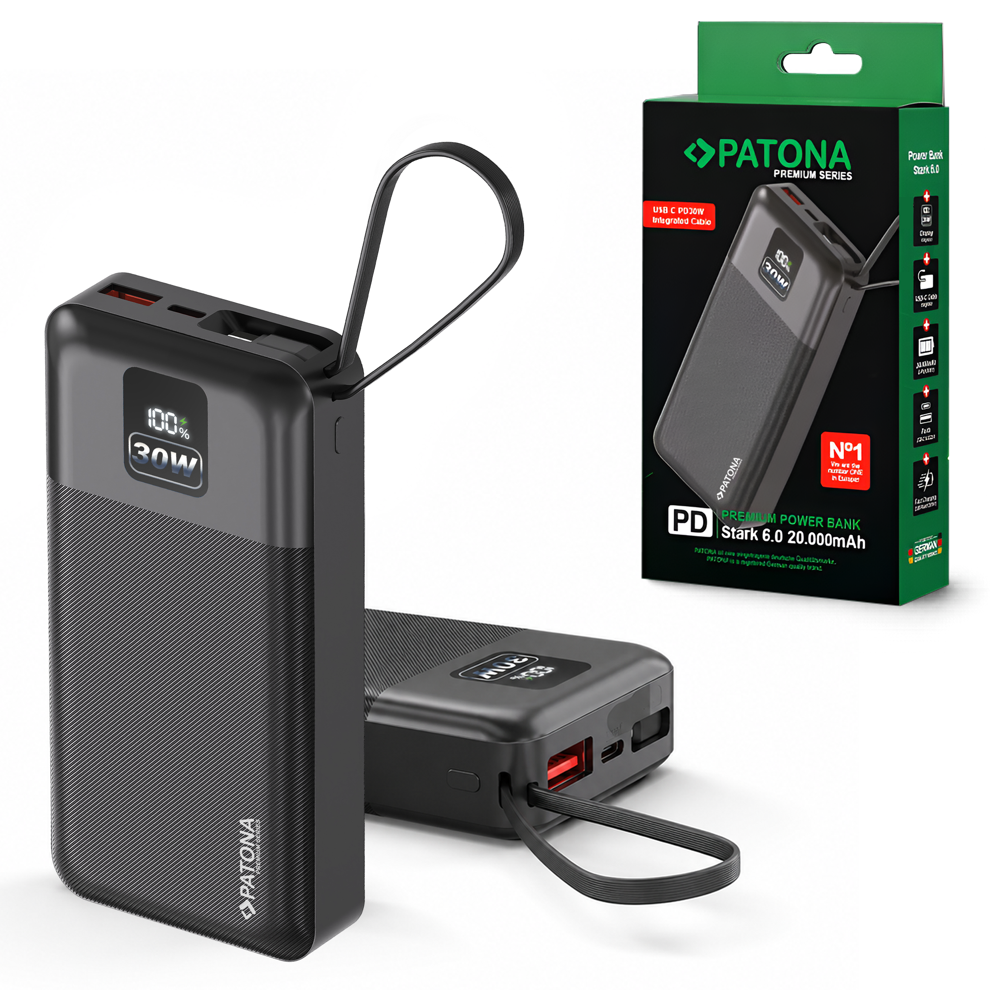 Batería externa PATONA Premium Stark 6.0 PD 30 W 20.000 mAh con cable USB-C integrado