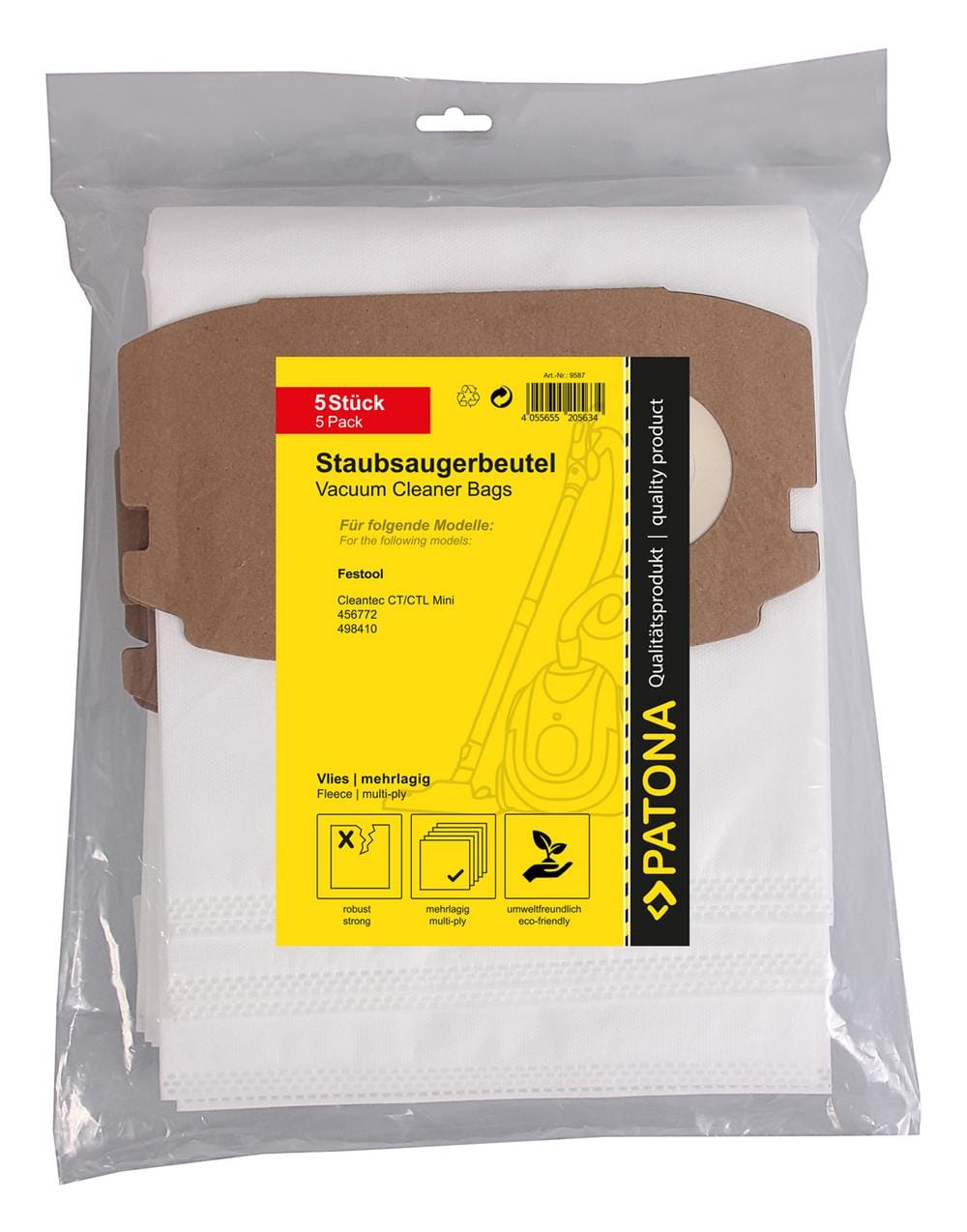 PATONA 5 sacs d'aspirateur multicouche en non‑tissé pour Festool Cleantec CT CTL Mini 456772 498410 jusqu'à l'année modèle 2018