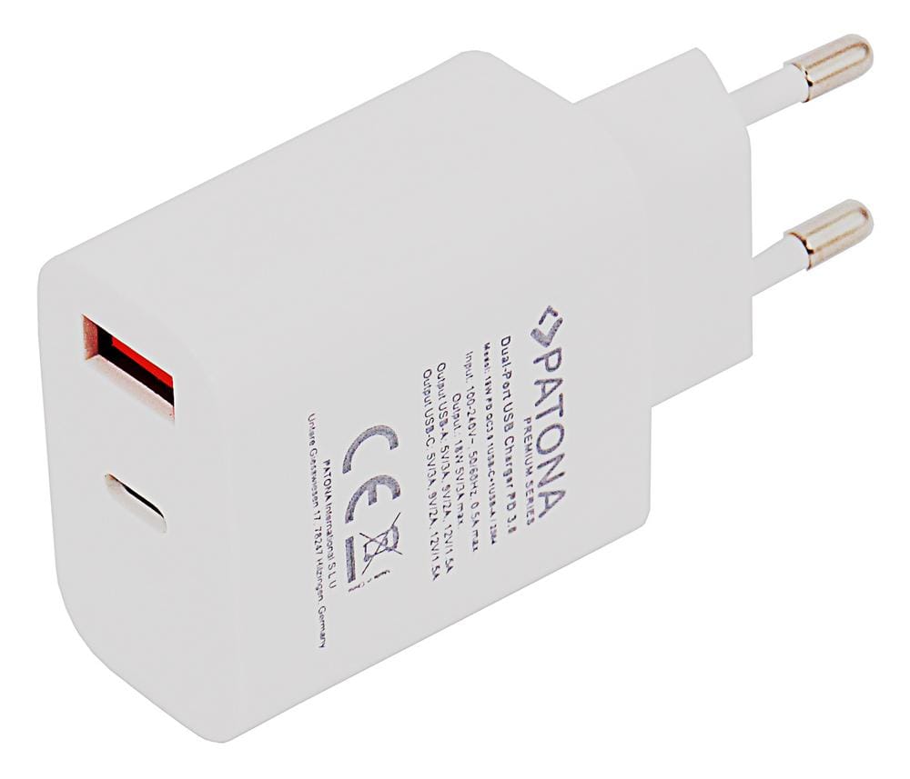 PATONA Premium PD18W Adapter 5V 3.0A 9V 2.0A 12V 1.5A 1x USB‑C 1x USB‑A PD3.0 QC3.0 White