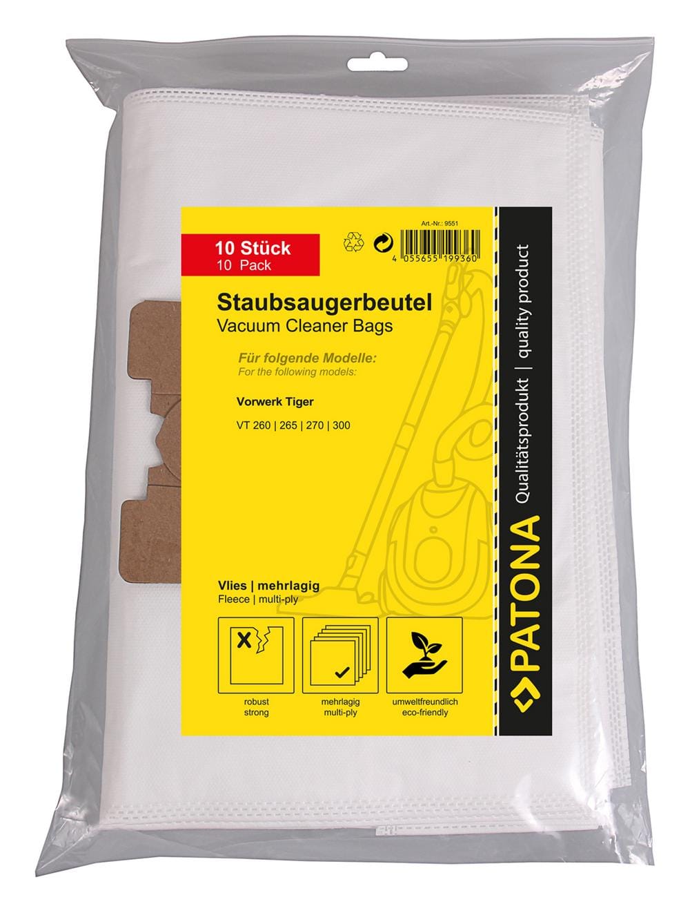 PATONA 10 Sacs d'aspirateur multi-couches en tissu non tissé pour Vorwerk Tiger VT260 VT265 VT270 VT300 PATONA 10 Sacs d'aspirateur multi-couches en tissu non tissé pour Vorwerk Tiger VT260 VT265 VT270 VT300