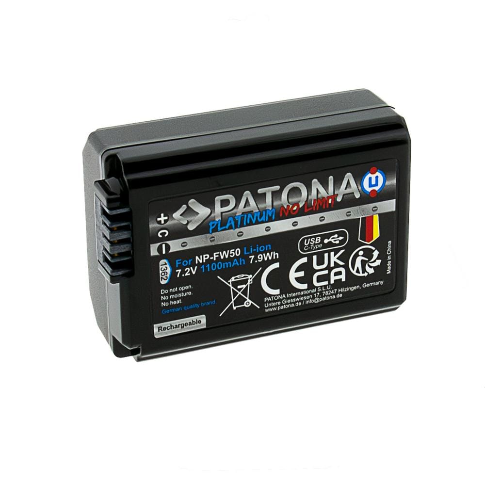 Patona Platinum Bateria com Entrada USB-C para Sony NP-FW50 NEX 3 NEX 3C NEX 5 NEX 5A RX1R III DSC-RX1RM3