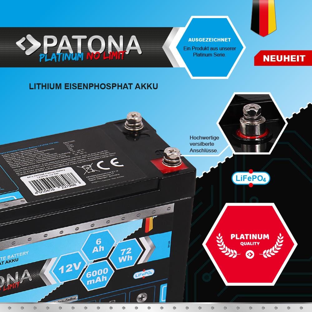 PATONA Platinum LiFePO4 Battery 12 V 6 Ah 72 Wh 6000 mAh