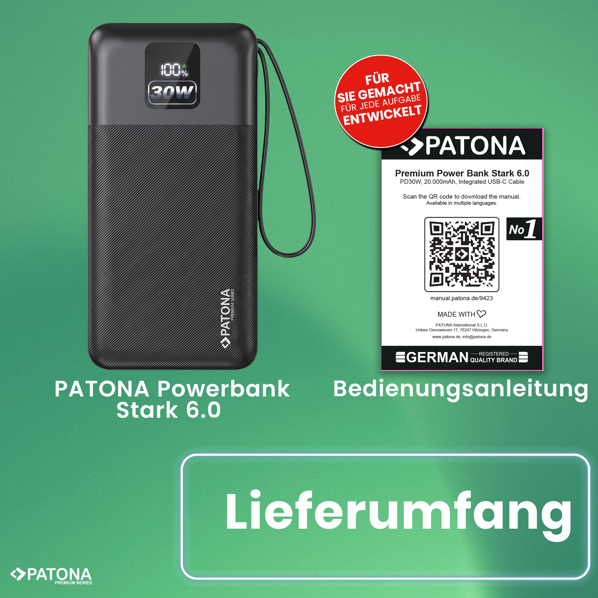 Batería externa PATONA Premium Stark 6.0 PD 30 W 20.000 mAh con cable USB-C integrado Batería externa PATONA Premium Stark 6.0 PD 30 W 20.000 mAh con cable USB-C integrado