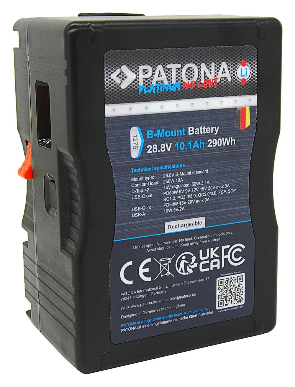 PATONA Platinum B‑Mount Bateria 290 Wh 10,1Ah com USB‑C PD 60W Entrada e Saída, 2 × D‑Tap 16 V – compatível com Blackmagic URSA Cine e ARRI ALEXA 35