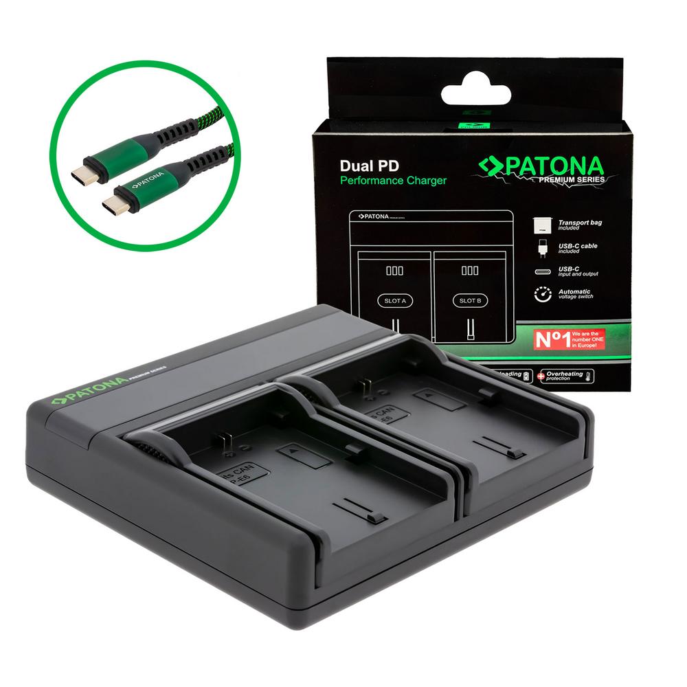 Caricatore PATONA Premium Dual PD Performance per Canon LP‑E6 con ingresso/uscita USB‑C