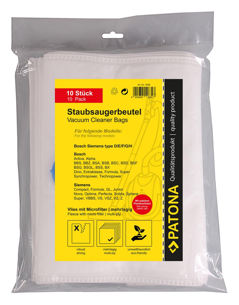 PATONA 10 sacos de aspiração multicamadas de feltragem com microfiltro para Bosch tipo D E F G PATONA 10 sacos de aspiração multicamadas de feltragem com microfiltro para Bosch tipo D E F G
