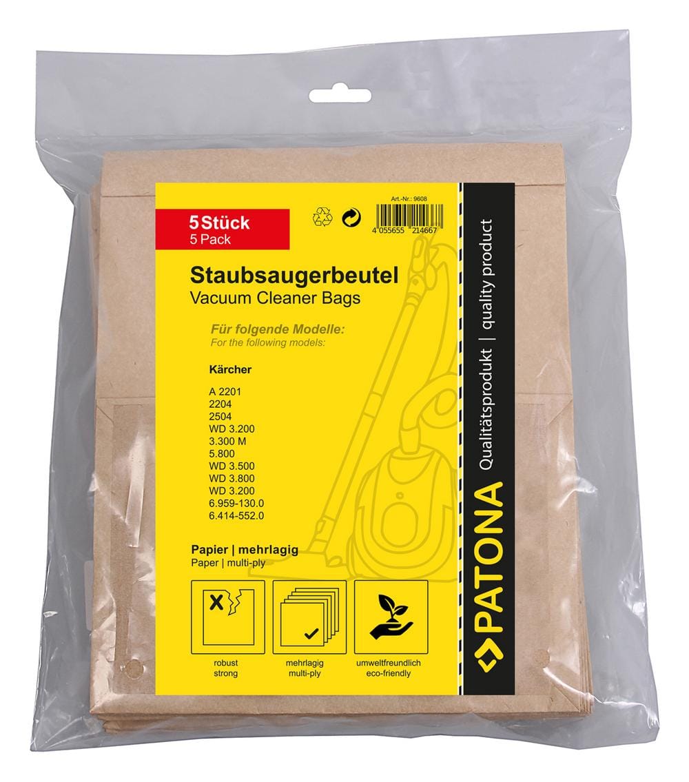 PATONA 5 worki do odkurzacza z wielowarstwowego papieru do Kärcher A 2201 2204 2504 3.300M 5.800 WD 3.200 3.500 PATONA 5 worki do odkurzacza z wielowarstwowego papieru do Kärcher A 2201 2204 2504 3.300M 5.800 WD 3.200 3.500