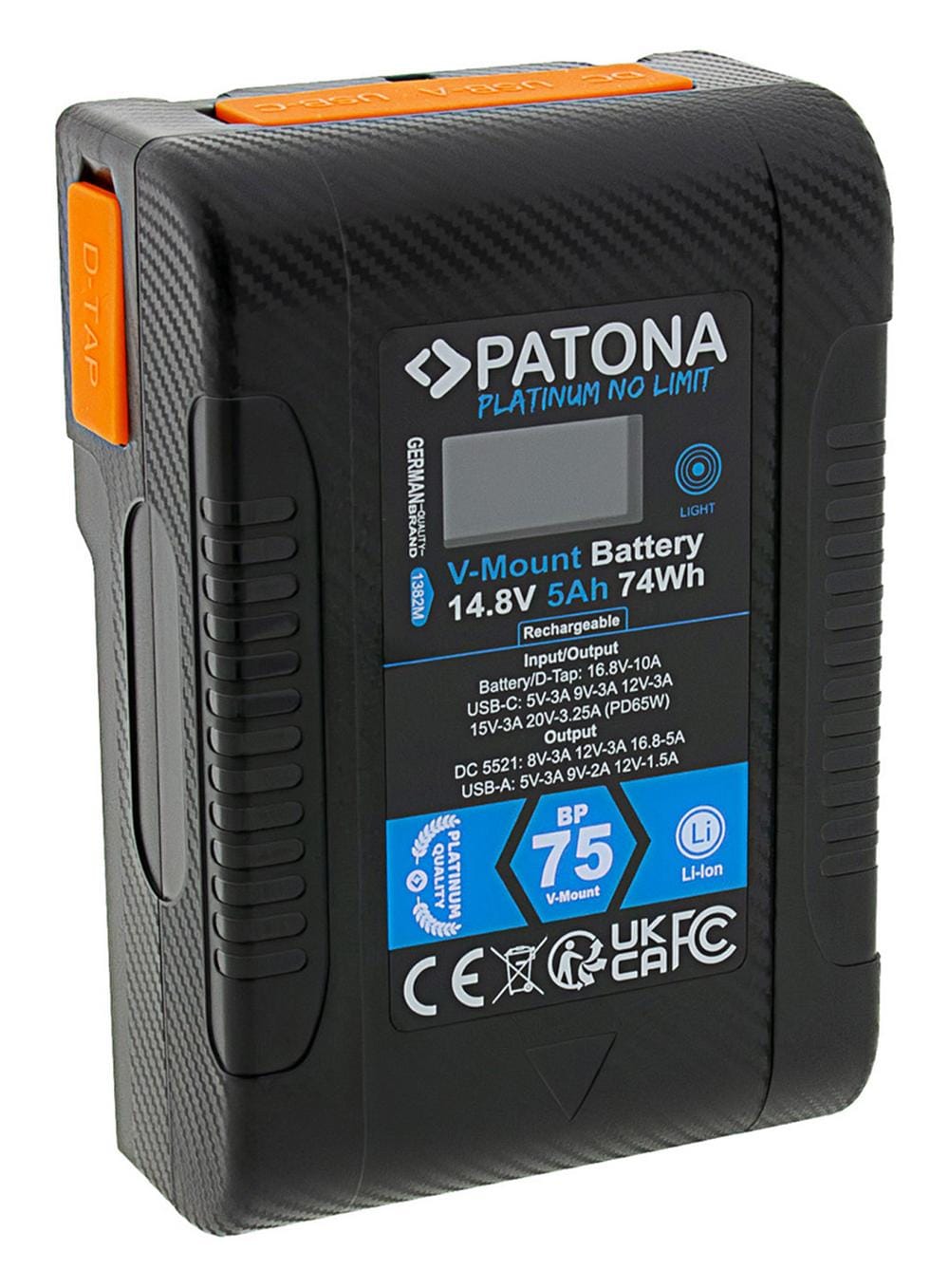 PATONA Platinum V‑Mount Battery BP‑75W PD65 74 Wh USB‑C USB‑A 2 x D‑Tap DC‑out with Hardcase