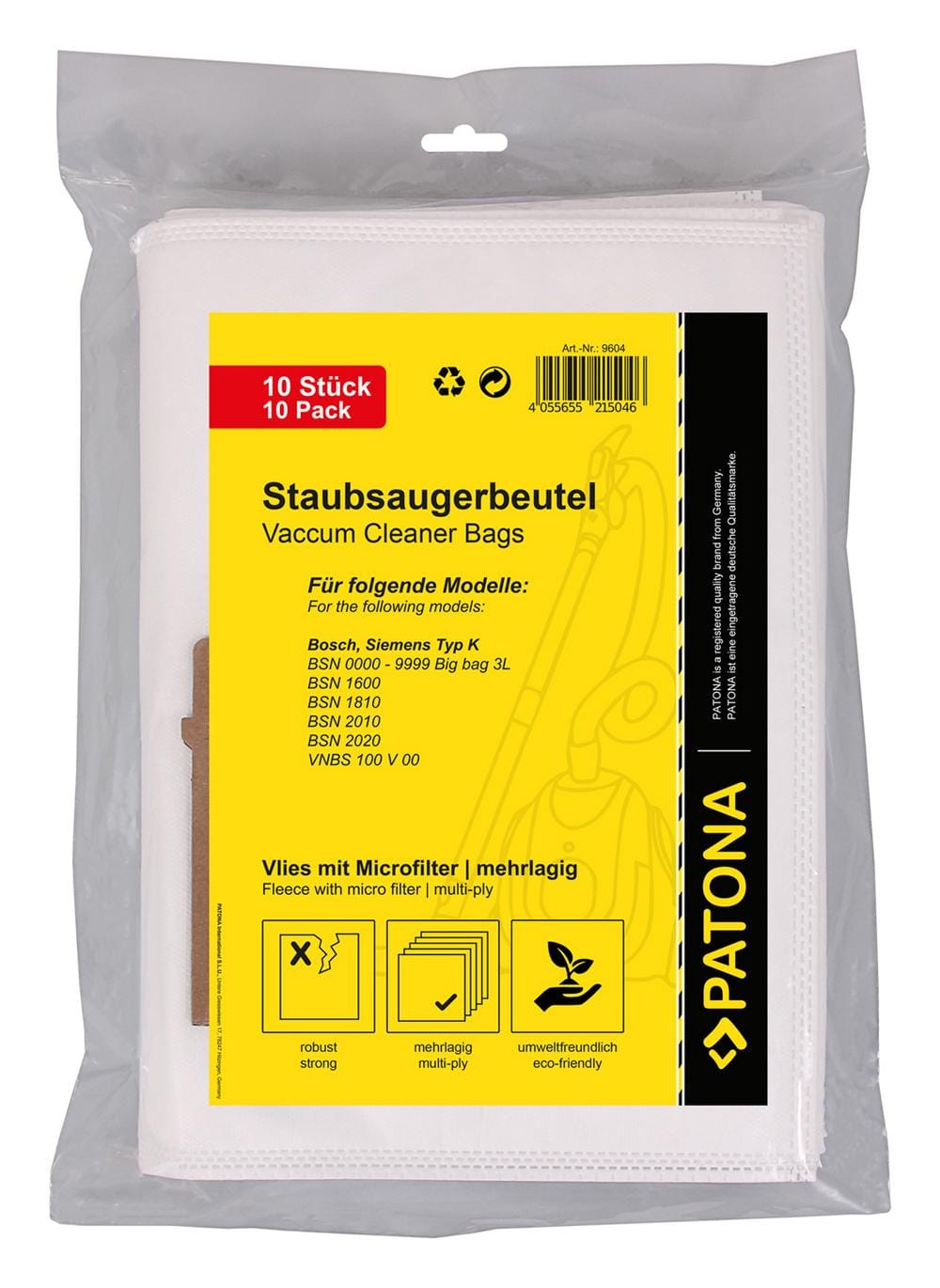 PATONA 10 Vacuum Cleaner Bags Multi-layered Felt for Siemens Type K Bosch BSN 1600 1810 2010 2020