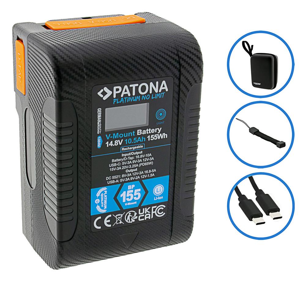 PATONA Platinum Batterie V‑Mount BP‑155W PD65 155 Wh USB‑C USB‑A 2×D‑Tap sortie DC avec Hardcase pour caméras professionnelles, moniteurs, ordinateurs portables et smartphones