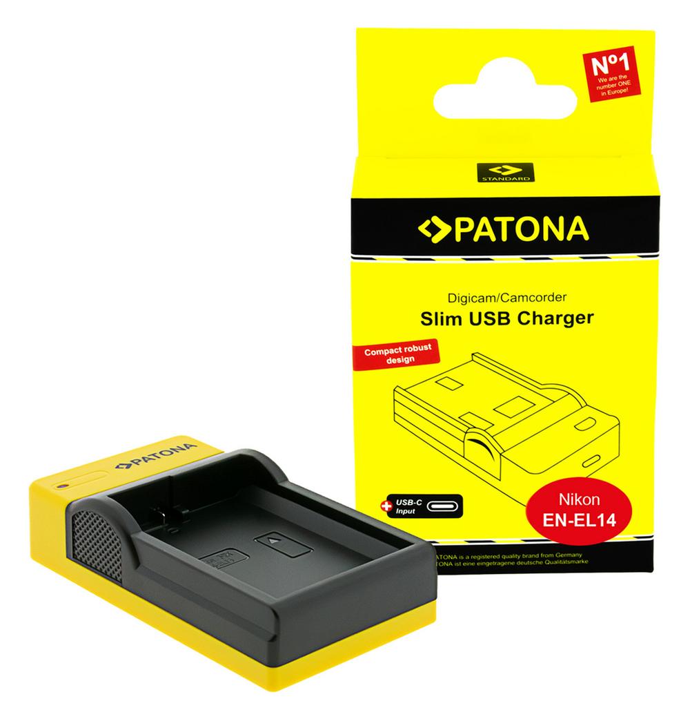 PATONA Slim Ładowarka USB z wejściem USB‑C dla Nikon EN‑EL14 CoolPix D3100 D3200 D5100 D5200 P7000 P7100 P7700 P7800 D5300