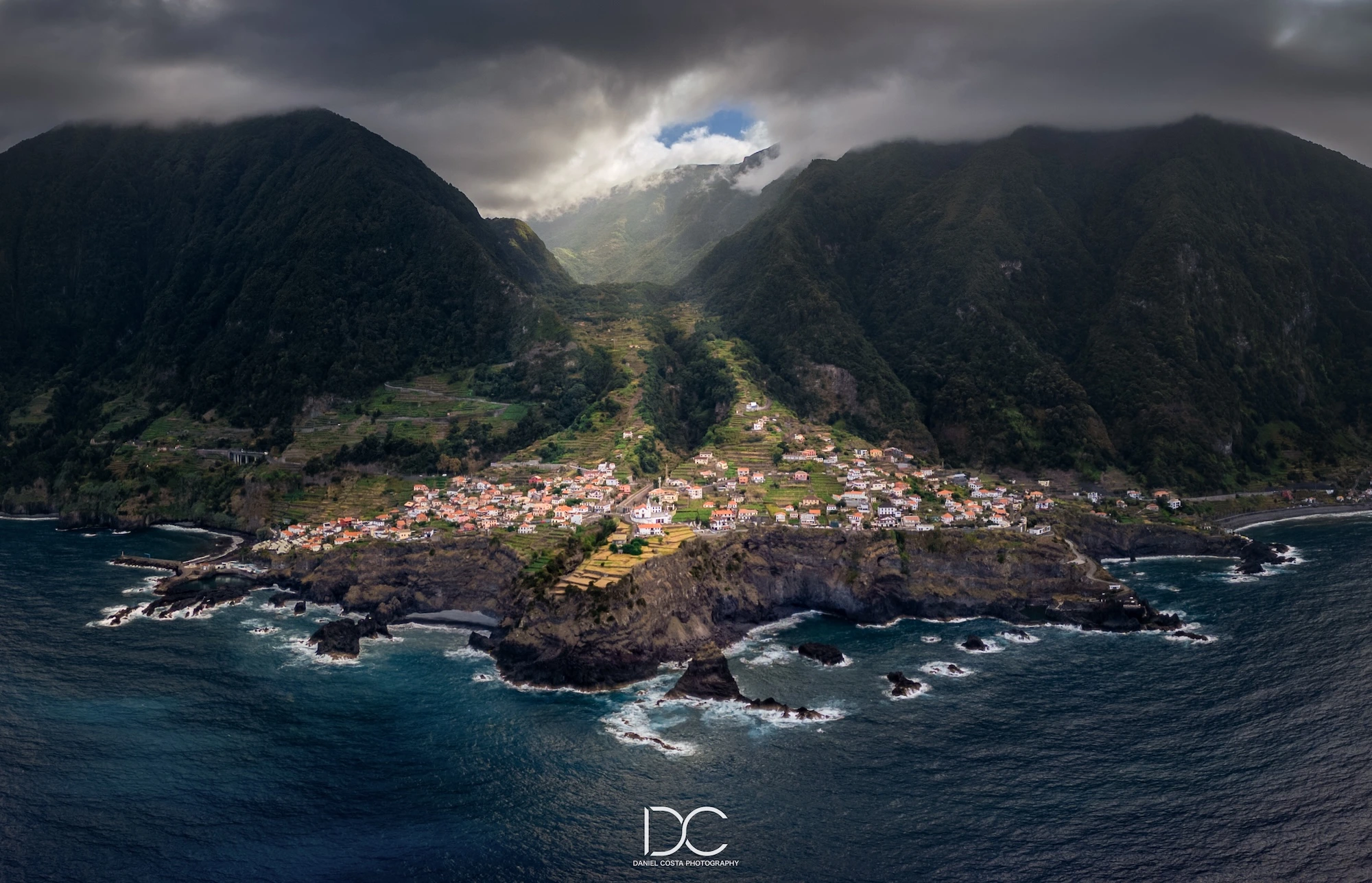 Coastal town from above with grey sky