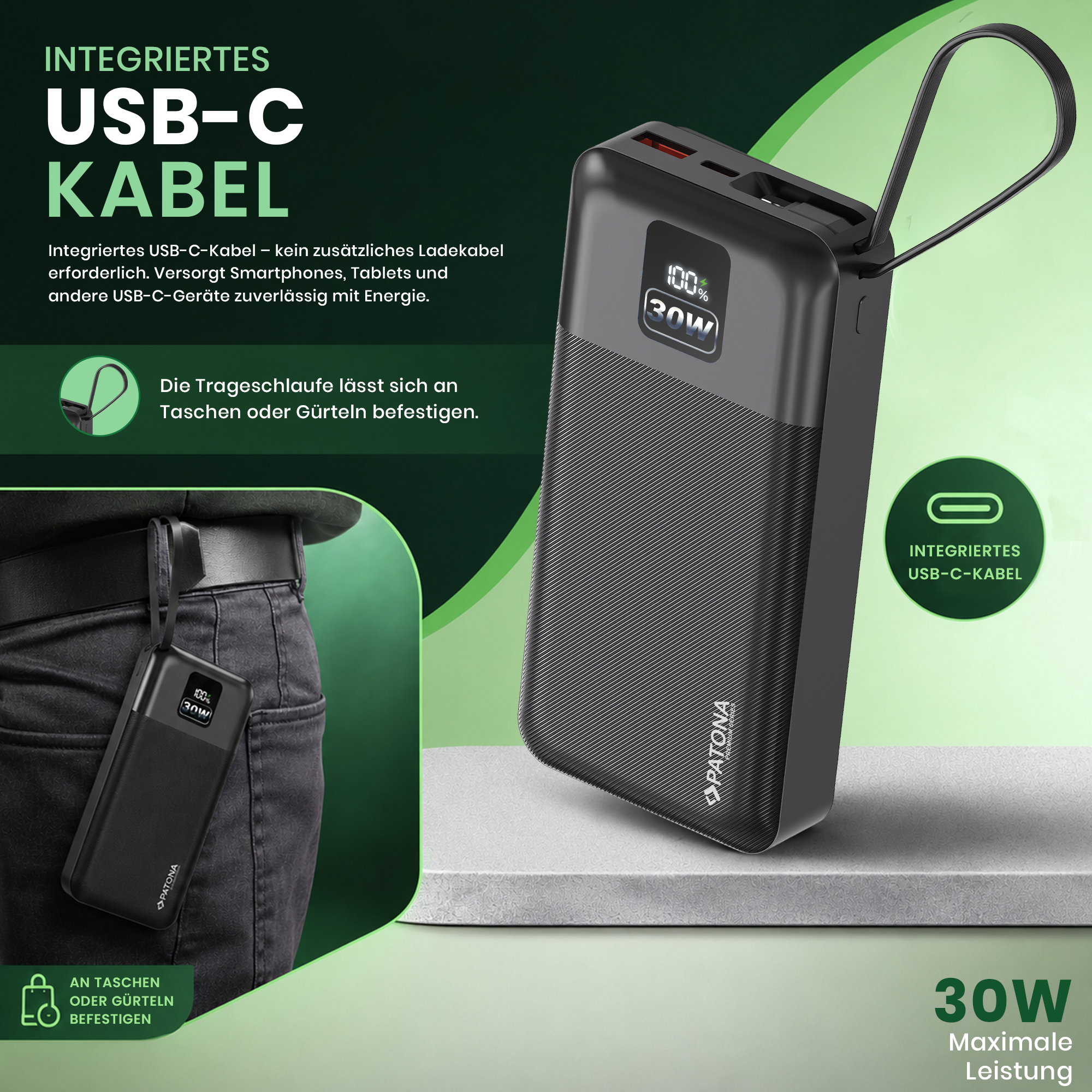Batería externa PATONA Premium Stark 6.0 PD 30 W 20.000 mAh con cable USB-C integrado Batería externa PATONA Premium Stark 6.0 PD 30 W 20.000 mAh con cable USB-C integrado